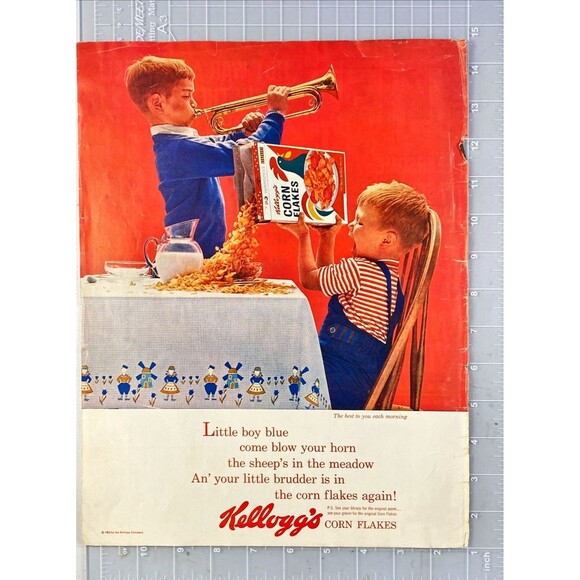 Kellogg's Corn Flakes "Little Boy Blue Blowing Horn w/ Brother"Vtg Print Ad 1963 - Picture 2 of 3